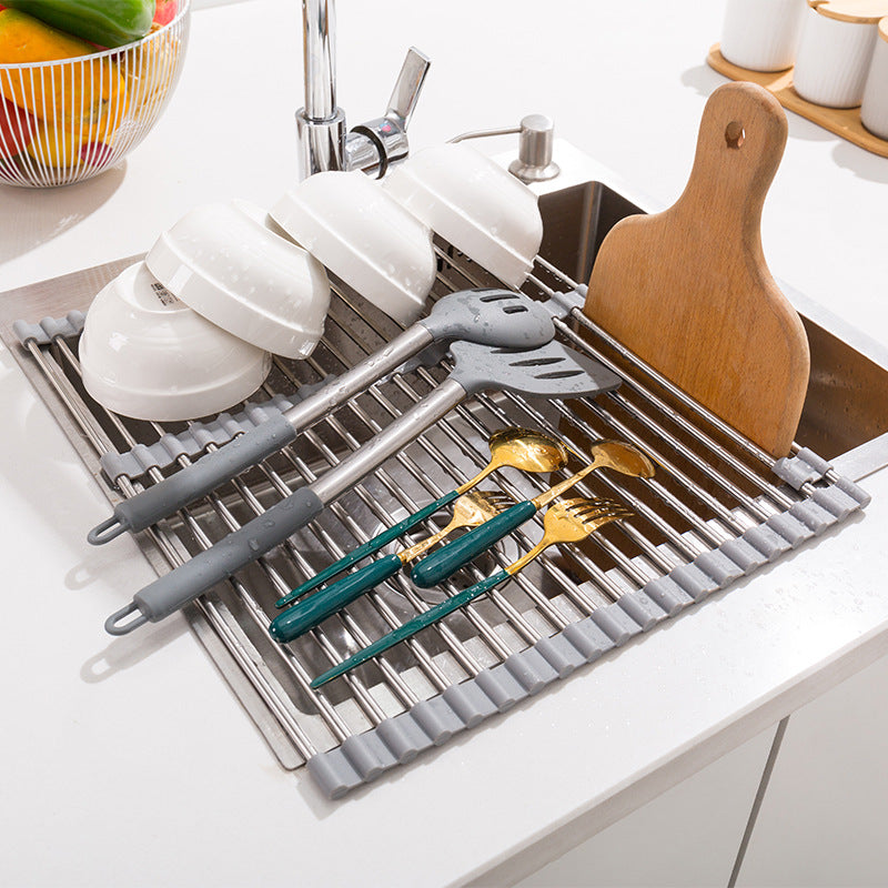 Telescopic drain rack stainless steel folding kitchen rack sink tableware dish silicone water filter rack