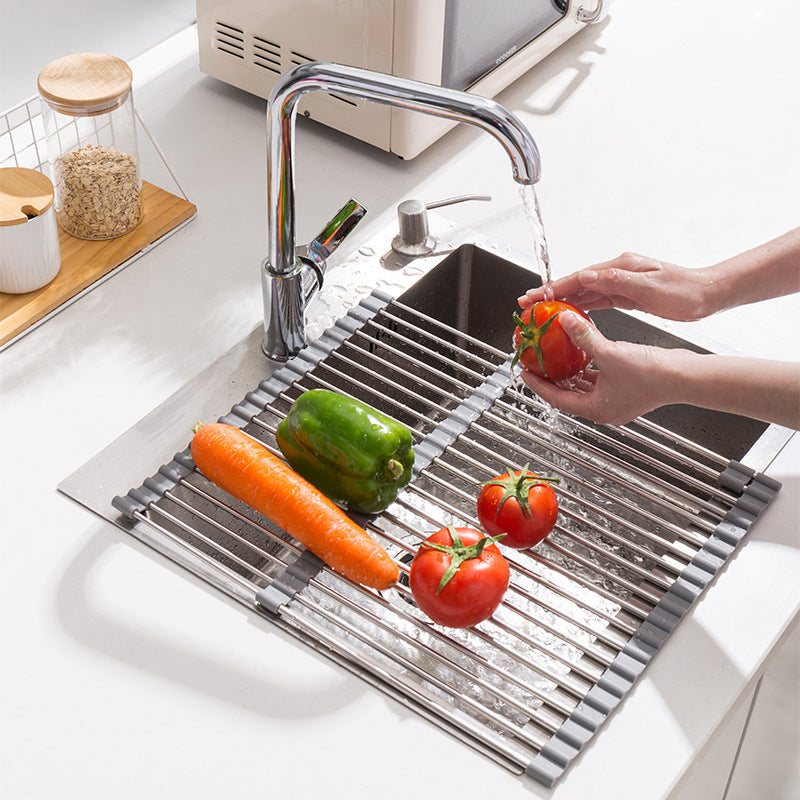 Telescopic drain rack stainless steel folding kitchen rack sink tableware dish silicone water filter rack